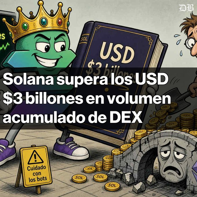 A Spanish-language illustration from Diario Bitcoin stating 'Solana supera los USD $3 billones en volumen acumulado de DEX', showing a crowned Solana logo character with a '$3 billion' book and a warning sign about bots.