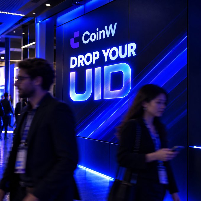 A photo of people walking past a large, brightly lit blue display board that reads 'CoinW DROP YOUR UID'.