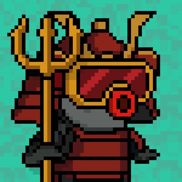 A pixel art depiction of a samurai or warrior wearing red and gold ornate armor and holding a golden trident against a turquoise background.