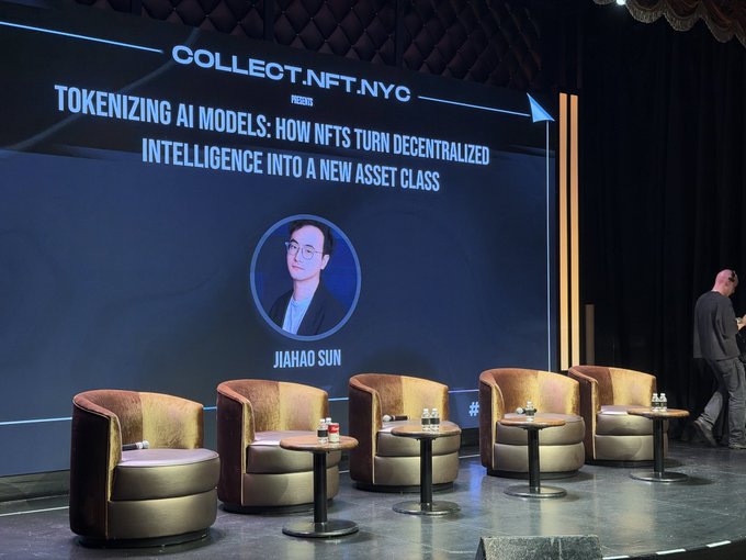 Jiahao Sun appears on a panel at NFT NYC about “Tokenizing AI Models: How NFTs Turn Decentralized Intelligence into a New Asset Class.” The panel discusses FLock’s FOMO platform, clarifying that it is neither the camera company nor the meme app.