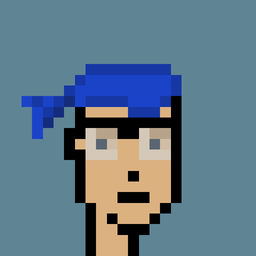 A minimalist pixel art portrait depicts a character with a blue bandana against a solid blue background.