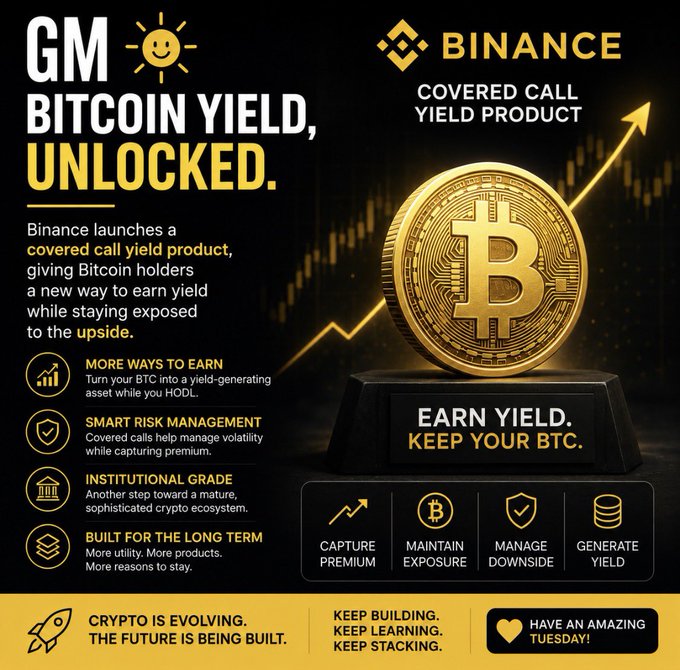 A promotional Binance graphic announcing their new "Covered Call Yield Product" for Bitcoin holders, featuring a large gold Bitcoin coin on a pedestal with the headline "GM BITCOIN YIELD, UNLOCKED" and benefits like "Earn Yield. Keep Your BTC." The image visually reinforces the post's message about crypto maturing beyond simple holding, showcasing how Binance is building institutional-grade products that let long-term holders generate yield on their BTC.