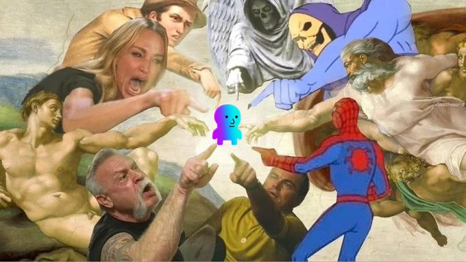The image features a collage of cartoon characters from popular culture, including Spiderman, Batman, and Superman. The collage includes various images of these characters with different poses and expressions. One character stands out as a small blue figure holding up a sign that says "I'm not afraid to fight". This character is surrounded by the other cartoon characters in the collage, creating an interesting visual dynamic between the characters.