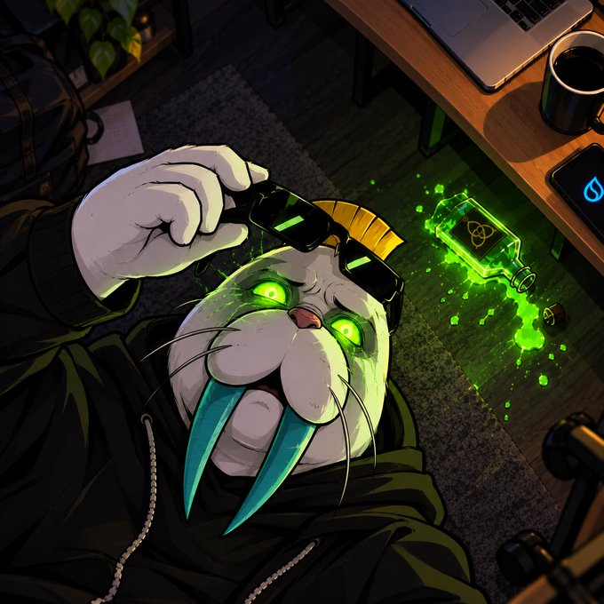 A cartoon illustration of a cat-like character with glowing green eyes and large fangs being held down while a hand drips glowing green liquid onto its face, with a glowing green flask nearby.