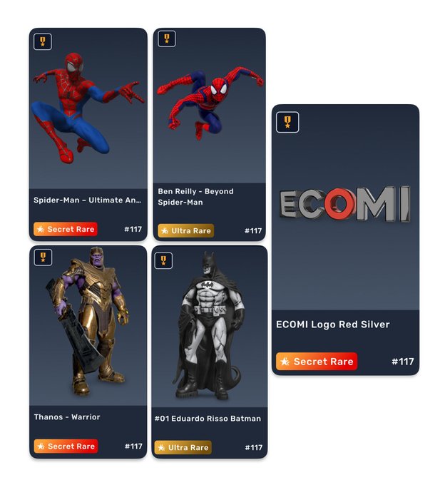A collection of five Veve digital collectible cards displayed, featuring Spider-Man – Ultimate An…, Ben Reilly – Beyond Spider-Man, ECOMI Logo Red Silver, Thanos – Warrior, and #01 Eduardo Risso Batman, with each card labeled "Secret Rare" or "Ultra Rare" and numbered #117, celebrating the user's mint #117 Ultra Rare Ben Reilly Spider-Man first appearance from Season 2.