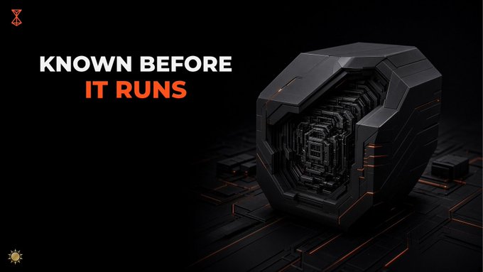 A dark promotional graphic featuring a futuristic black device with the text 'KNOWN BEFORE IT RUNS'.