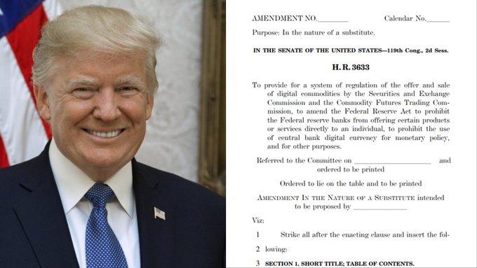 This image features Donald Trump alongside H.R. 3633, a proposed amendment that would regulate and potentially ban crypto for federal officials. The accompanying post highlights the substantial $250k/day DOJ fine for violating the Clarity Act and Trump's alleged personal involvement in approving ethics language despite significant personal crypto income.