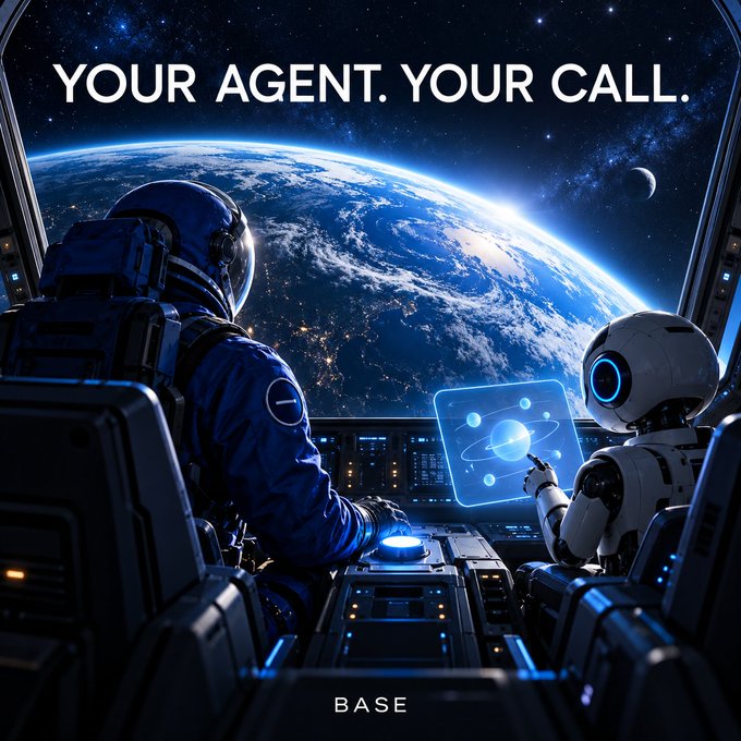 A futuristic space-scene graphic shows an astronaut and a white robot inside a spacecraft overlooking Earth, with the text “YOUR AGENT. YOUR CALL.” at the top and “BASE” at the bottom.