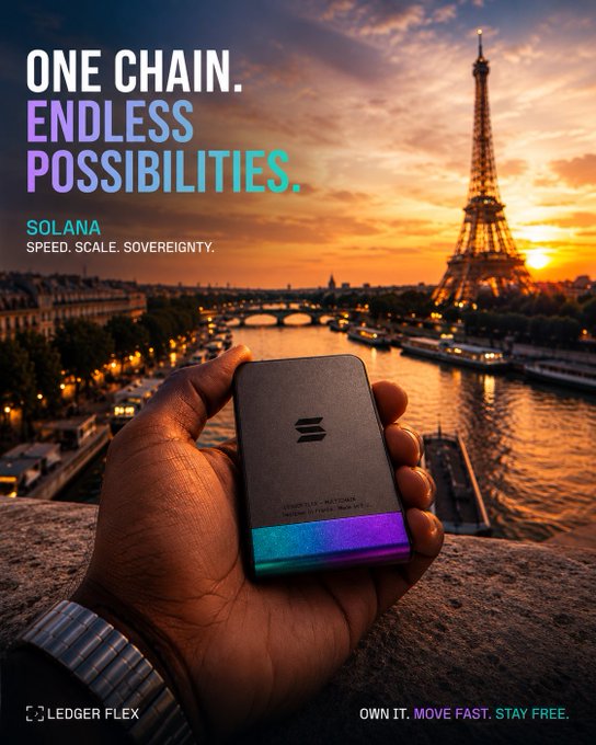 A hand holds a Ledger Flex hardware wallet against a Paris sunset backdrop featuring the Eiffel Tower and Seine River, with prominent text reading "ONE CHAIN. ENDLESS POSSIBILITIES. SOLANA - SPEED. SCALE. SOVEREIGNTY." and "OWN IT. MOVE FAST. STAY FREE." The image reinforces the post's message by visually pairing self-custody sovereignty (Ledger) with Solana's speed, suggesting that holding BTC on Ledger and SOL elsewhere combines secure diversification with fast-moving performance.