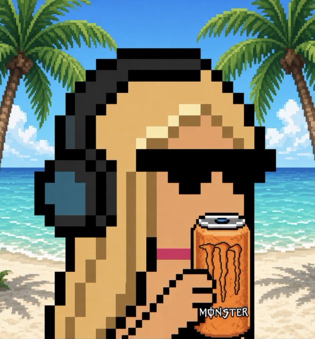 A pixel art illustration of a hooded figure wearing headphones and holding an orange Monster energy drink can on a tropical beach with palm trees.