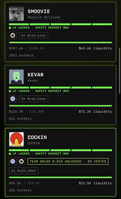 A dark-themed interface displays three cryptocurrency token cards—SMOOVIE ($207.6k market cap, 1031 holders), KEVAR ($126.3k, 511 holders), and COCKIN ($96.8k, 236 holders)—each showing LP locked status, safety deposit box verification, and contract addresses. The image illustrates the new token options emerging on the Stonkbrokers Safe Launch platform, giving viewers a snapshot of early projects to choose from.
