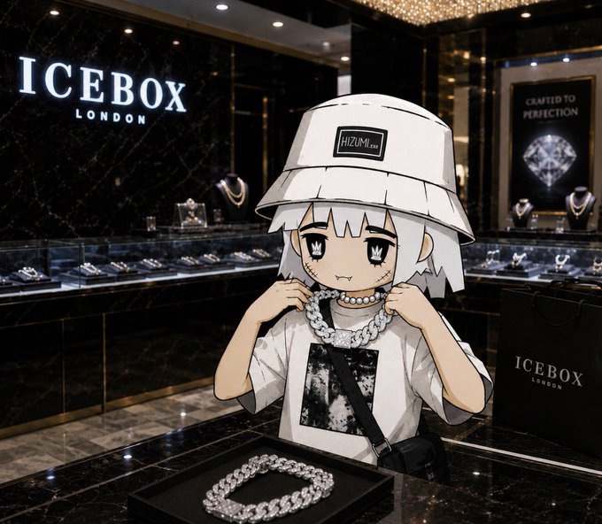 An anime character wearing a HIZUMI bucket hat tries on an iced-out necklace inside an ICEBOX London jewelry store, with the brand's "CRAFTED TO PERFECTION" diamond display and shopping bag visible. The luxurious "ICEBOX" setting pairs with the post's "print alot of bread" message to suggest making serious money—big enough to shop at high-end jewelers.