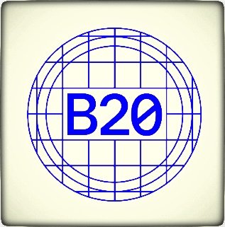A graphic icon displaying a blue globe wireframe with the text 'B20' in the center on a beige background.