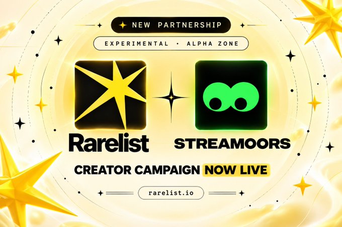 A promotional graphic announces a 'NEW PARTNERSHIP' between Rarelist and StreamOORS for a 'CREATOR CAMPAIGN NOW LIVE' in the experimental alpha zone at rarelist.io.
