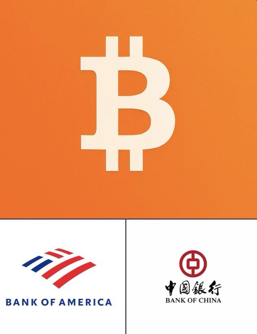 A graphic showing a large white Bitcoin symbol on an orange background, positioned above the logos of Bank of America and Bank of China.