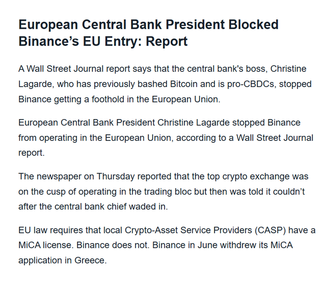 A news article headlined 'European Central Bank President Blocked Binance's EU Entry: Report', discussing Christine Lagarde and the cryptocurrency exchange Binance.