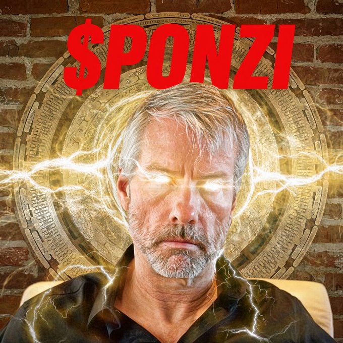 A meme image showing a man with glowing lightning eyes in front of an Aztec-style calendar background, with the bold red text "$PONZI" displayed across the top.
