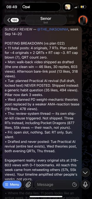 A screenshot of a chat conversation in the Opal app with a bot named 'Senor,' displaying a 'SUNDAY REVIEW' message from @THE_INKSOMNIA analyzing weekly post performance, engagement metrics, and specific tweets for week Sep 14-20.