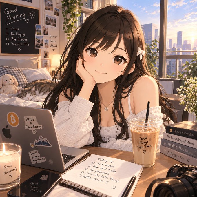 An anime-style illustration of a smiling girl with long brown hair at a desk with a Bitcoin-themed laptop, a 'Good Things Take Time' coffee cup, and a to-do list including 'HODL Bitcoin' and 'Check market'.