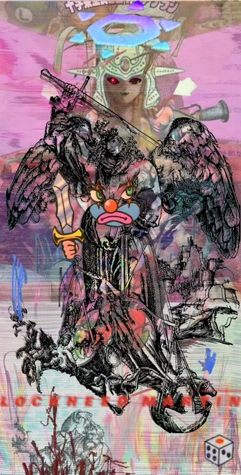 A surreal, dark digital artwork features a winged demonic figure holding a sword, with a clown face and skull motifs overlaid on a glitchy pink and purple background with the text "LOCK NEED MAN IN."