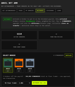 An 'Anvil NFT Airdrop' interface showing 1,114 active brokers with three broker options (#2637, #2638, #2639) to select and an 'Activate All' button.
