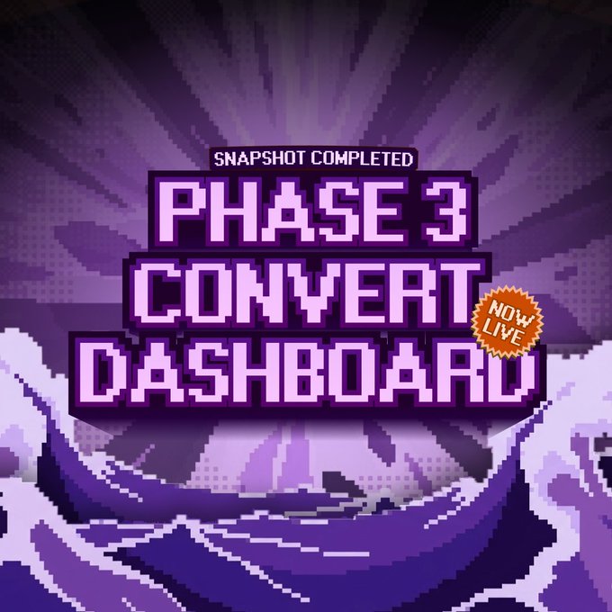 A pixel-art style promotional graphic announces "PHASE 3 CONVERT DASHBOARD" with a "NOW LIVE" badge, set against a purple sunburst background with stylized clouds. The image visually reinforces the post's announcement that the Convert Dashboard is now live for converting Phase-3 points into $MATTLE rewards before the July 24, 2026 deadline.