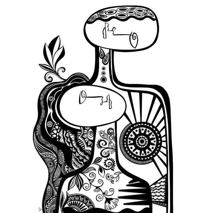 A black and white decorative illustration depicting a stylized figure composed of intricate patterns, including swirls, florals, mandalas, and leaves, with abstract faces on the head and chest.