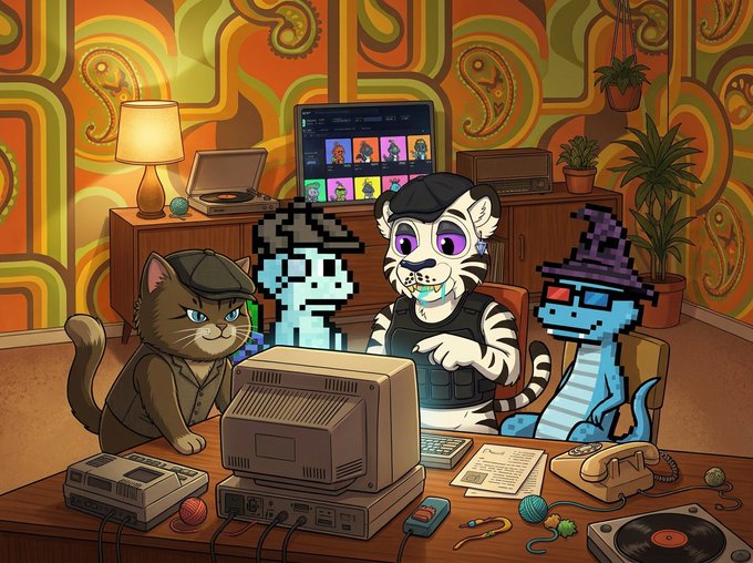 A colorful cartoon illustration of anthropomorphic cats—including one in a detective outfit and another wearing a witch hat—working together on an old computer surrounded by retro technology.