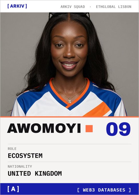 The image shows a professional profile card for Awomoyi, marked with the number 09, identifying her role as "Ecosystem" and nationality as United Kingdom, presented in an ARKIV squad format with references to ETHGlobal Lisbon. It connects to the post by highlighting Awomoyi's involvement with the $GLM ecosystem and serving as a contact for those interested in joining the ARKIV team at ETHGlobal.