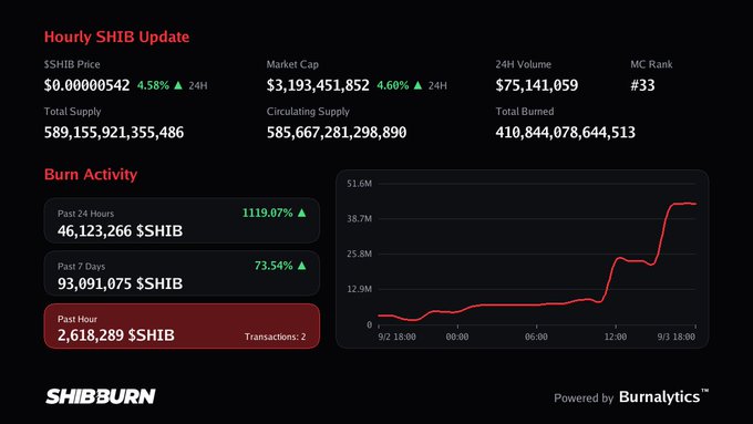 A 'SHIBBURN' cryptocurrency dashboard showing an 'Hourly SHIB Update' with a SHIB price of $0.00000542, market cap of $3,193,451,852, and a burn activity chart with red line trending sharply upward.