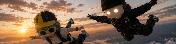 Two characters in skydiving gear, one sporting a yellow "ROBLOX" cap and both wearing goggles, freefall through a vibrant sunset sky. The exhilarating aerial pose visually captures the "celebration" of reaching 10,000 followers on @Pumpfun with a small $SOL airdrop drop.