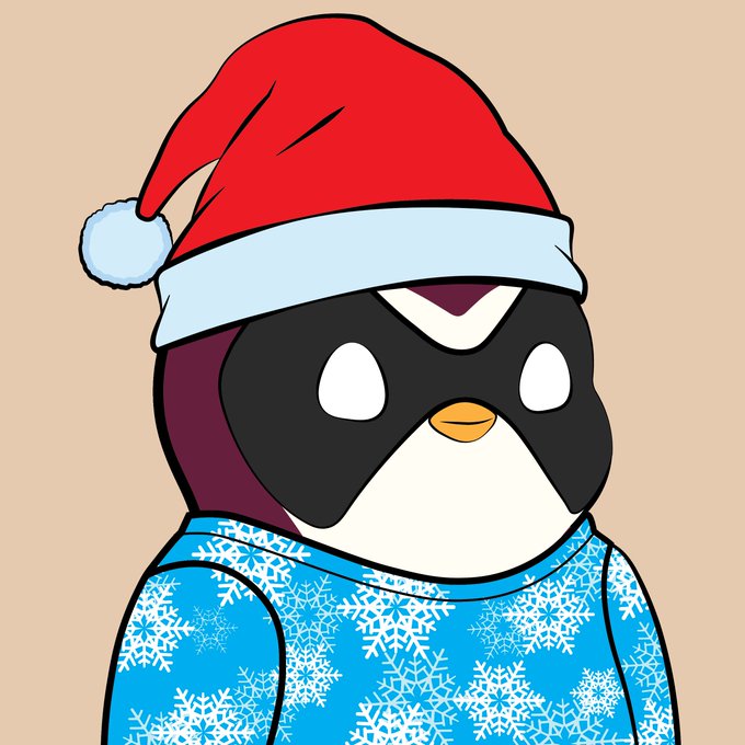 A cartoon penguin wearing a red Santa hat with a white pom-pom and a blue sweater patterned with white snowflakes.