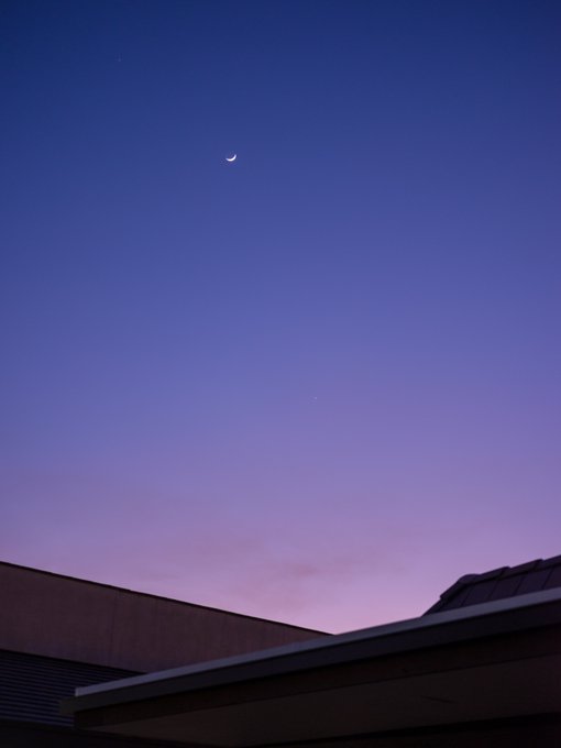 A slender crescent moon hangs in a twilight sky of deep blue fading to soft pink above a silhouetted rooftop, capturing the delicate "new moon" moment the post warns about. The faint, barely-there sliver of the moon visually echoes the post's caution against over-optimism during this subtle lunar phase.