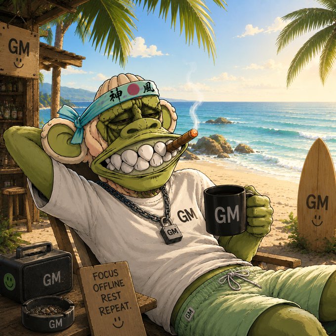 A cartoon illustration of a green monkey character relaxing on a beach chair, wearing a white shirt and a blue headband with Japanese characters, holding a cigar and a black mug labeled 'GM', with a small sign reading 'FOCUS OFFLINE REST REPEAT.'