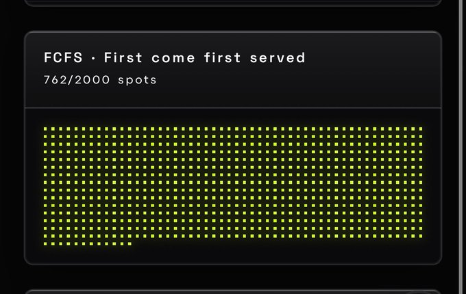 A dark UI panel displays 'FCFS · First come first served' with '762/2000 spots' filled, visualized as a grid of green dots.