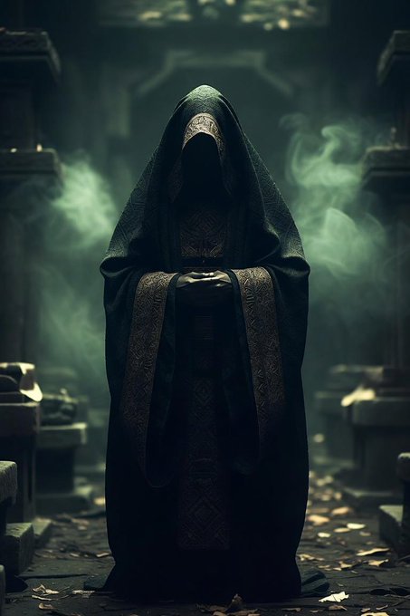 A dark, hooded figure in an ornate robe stands in a misty, ancient-looking stone temple or tomb with scattered leaves on the ground.