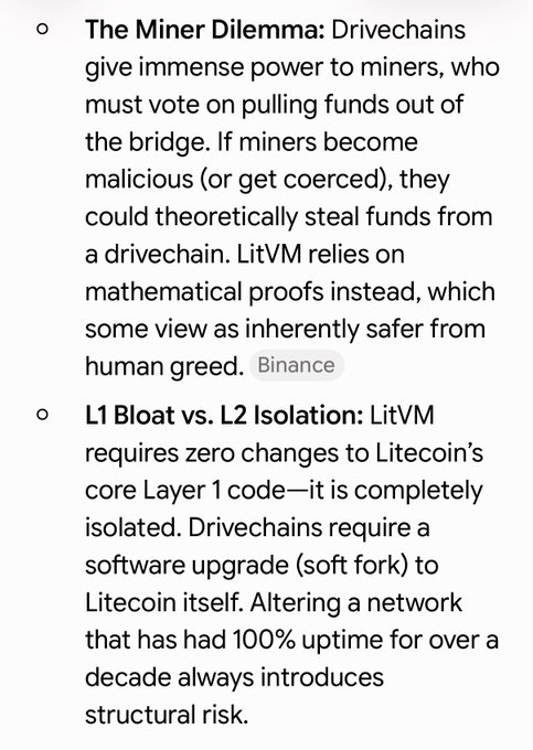 The image shows a white background with black text that reads "The Miner Dilemma; Drivechains give immeasure power to miners, who must vote on pulling funds out of the bridge, if they are malicious (of get coerced) could theoretical steal funds from them, which drives them to become human greed. Binance is a cryptocurrency that requires zero changes to Litecoin's core Layer 1 code." The image also includes a link to a website for Litecoin and a quote about Bitcoin.