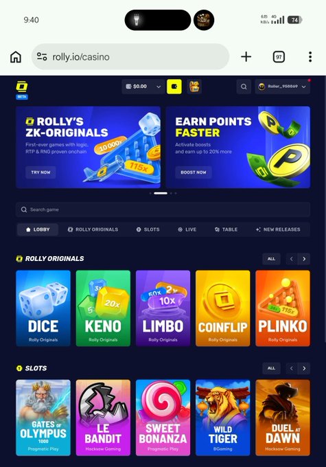 The image shows a screenshot of the Rolly.io casino website homepage on a mobile browser, displaying a $0.00 balance, the user "Rollo_9588e6f," and featured games including Rolly's ZK-Originals (Dice, Keno, Limbo, Coinflip, Plinko) and Slots (Gates of Olympus, Le Bandit, Sweet Bonanza, Wild Tiger, Duel at Dawn). This visually supports the post's discussion of exploring the @rolly_onchain platform as a new user, showcasing the variety of original and slot games available on the beta site.