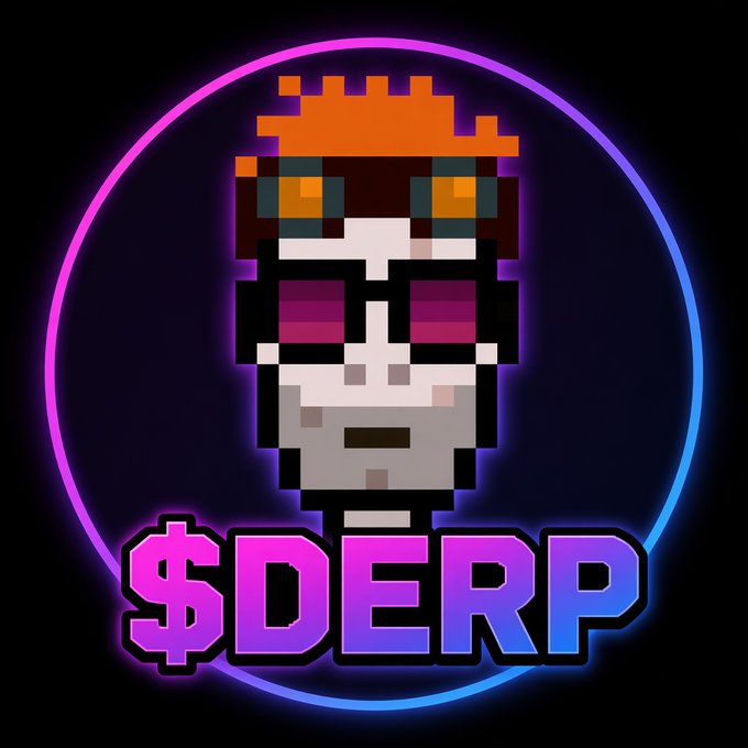 A pixel art logo featuring a character with orange hair, goggles, and a beard, with the text '$DERP' displayed in purple and blue gradient letters below a glowing circular outline.