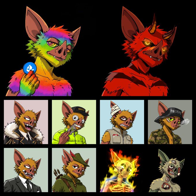 The image displays various colorful character designs of anthropomorphic rats or pig-like creatures with different traits, outfits, and styles—including a rainbow-colored version, a demonic red version, and others wearing suits, military gear, and hats (one labeled "HOODRAT"). The post emphasizes that the $HOODRAT NFT team has put significant effort into crafting each unique trait, showcasing their commitment to high-quality, detailed art rather than rushing the project.
