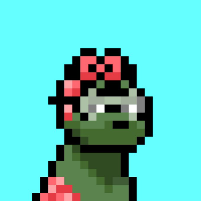 Pixel art of a green dinosaur wearing red goggles and a red scarf against a solid teal background.