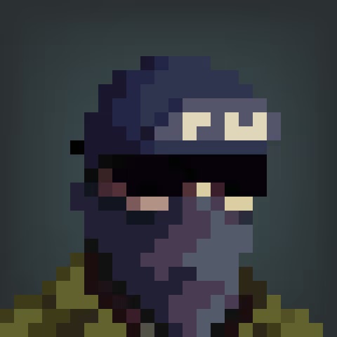 A pixel art portrait of a character wearing dark armor and a blue helmet with glowing rectangular eyes against a dark background.