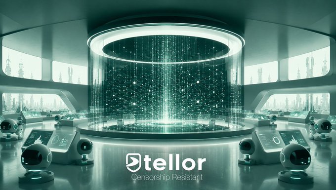 A futuristic sci-fi server room with a glowing central cylinder, small robots, and the logo 'Dtellor Censorship Resistant'.