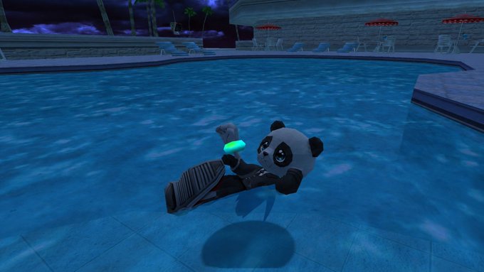 A panda avatar character is floating on its back in a swimming pool, holding a glowing green object, in what appears to be a virtual or video game environment.