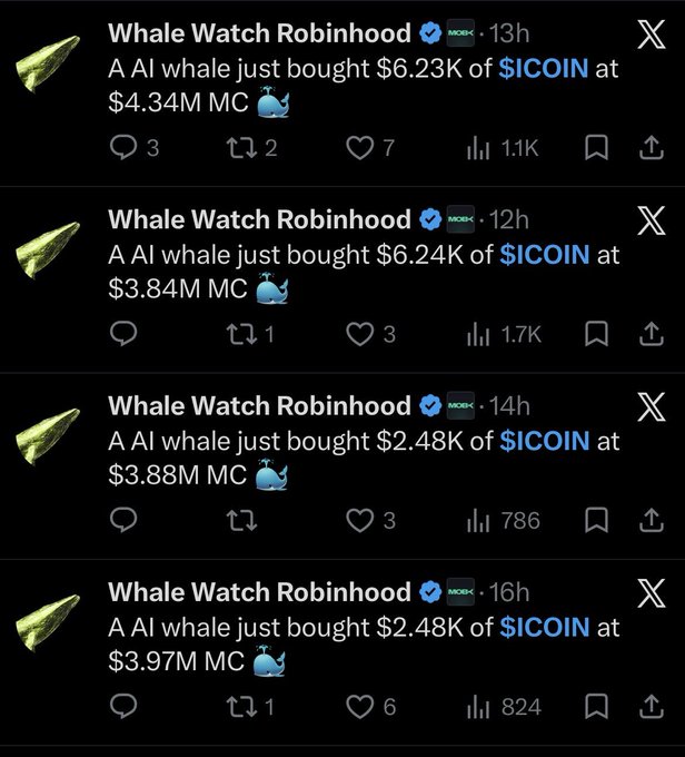 A screenshot displays multiple posts from the social media account 'Whale Watch Robinhood', all stating 'A AI whale just bought' various amounts of '$ICOIN' at different '$M MC' values.