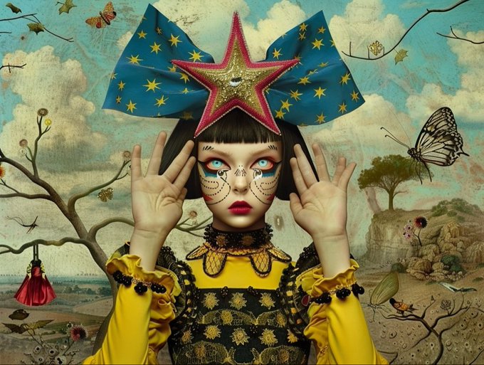 Surrealist artwork depicting a young woman with elaborate face makeup, a large star-shaped bow, holding her hands up like a mask, surrounded by butterflies and a fantastical landscape.
