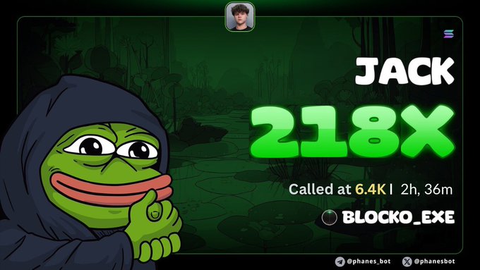 A digital display showing a Pepe the Frog character in a hoodie next to text reading 'JACK 218X Called at 6.4K' and 'BLOCKO_EXE' with social media handles @phanes_bot.