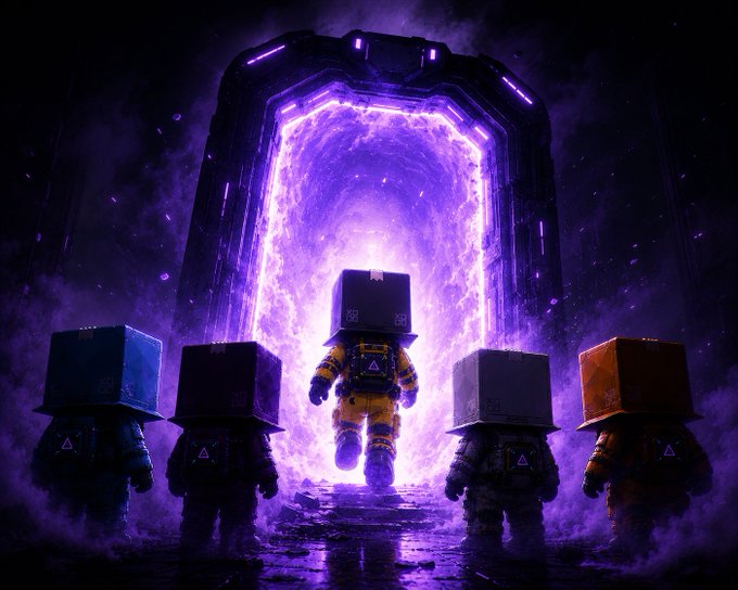 Five figures in spacesuits with box-shaped helmets walk toward and through a glowing purple portal set in a dark, cosmic environment.