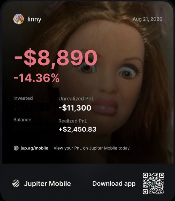 A financial dashboard screenshot from Jupiter Mobile dated Aug 21, 2026 shows a user named "linny" with a brutal -$8,890 (-14.36%) loss, including $61,928.47 invested and a -$11,300 unrealized PnL, overlaid on the wide-eyed "panic" reaction meme from Dodgeball — perfectly illustrating the panicked reaction to a portfolio in freefall in response to "am I winning?"
