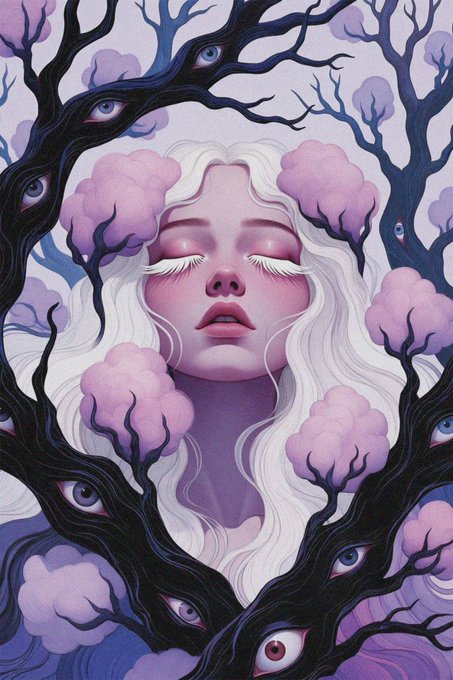 A surreal illustration of a pale woman with white hair and closed eyes, framed by dark, twisted tree branches containing many eyes and pink, cloud-like foliage.